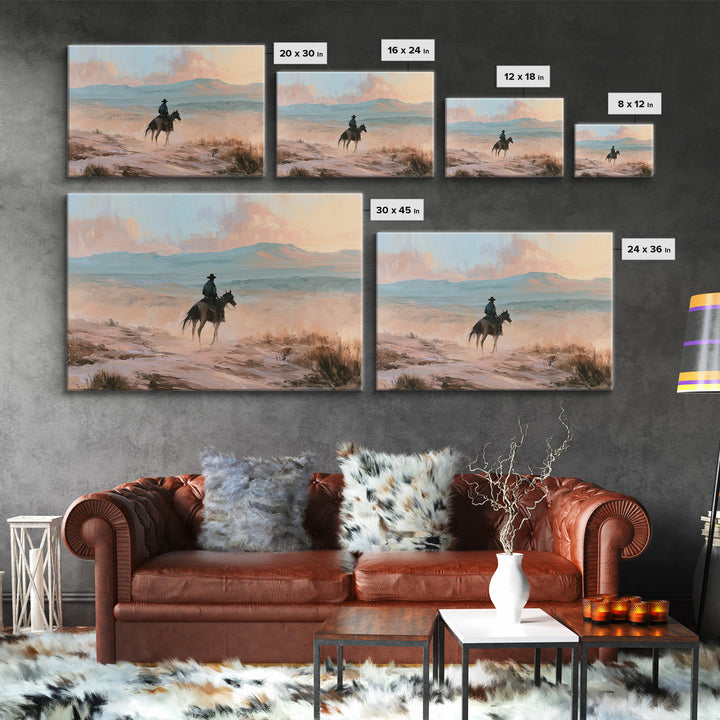 Dusty Horseback Rider at Sunset Framed Canvas Print, Desert Art, Wall Art, Southwestern Decor, Desert, Apartment Decor, DES-3x2-27