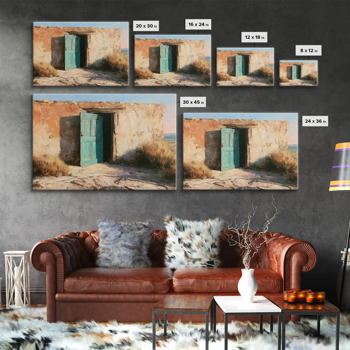 Adobe Doorway with Turquoise Shadow Framed Canvas Print, Desert Art, Contemporary Art, Southwestern Decor, Fine Art, Desert, DES-3x2-81