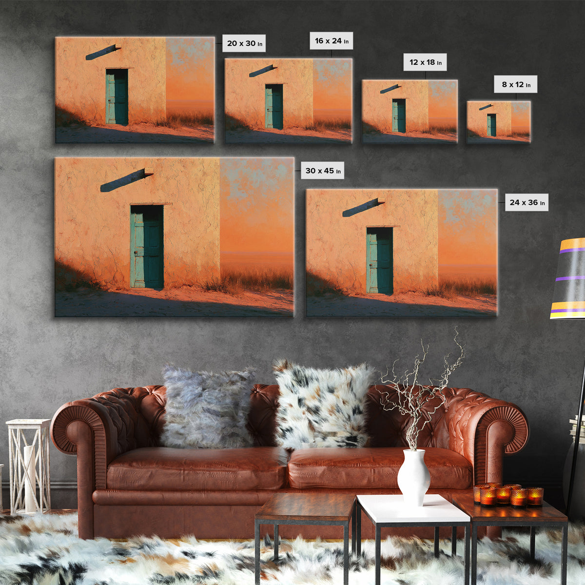 Adobe Doorway with Turquoise Shadow Framed Canvas Print, Desert Art, Nature Wall Art, Southwestern Decor, Oil Painting, Desert, DES-3x2-9