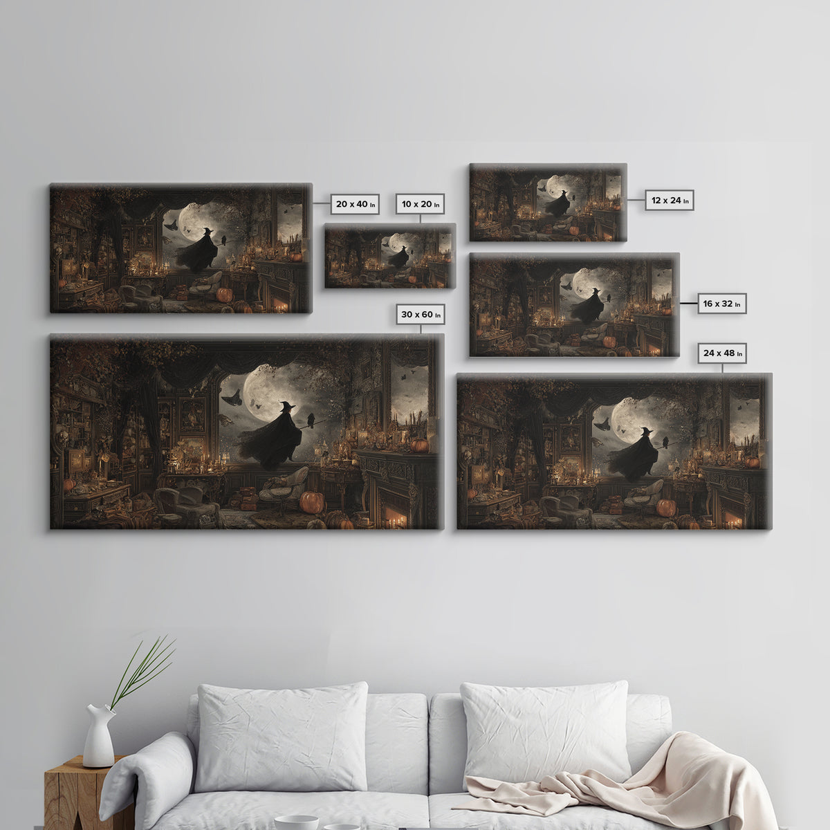 The Moonlit Witch, Wide Panoramic Art, Haunted Gothic Art, Framed Canvas Print, Halloween Wall Decor, Gothic Home Decor, Halloween Wall Art