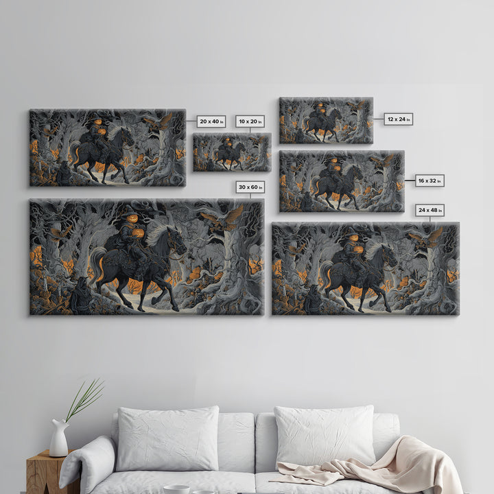 The Headless Horseman, Wide Panoramic Art, Dark Halloween Decor, Canvas Print, Halloween Wall Decor, Gothic Home Decor, Dark Fantasy Art