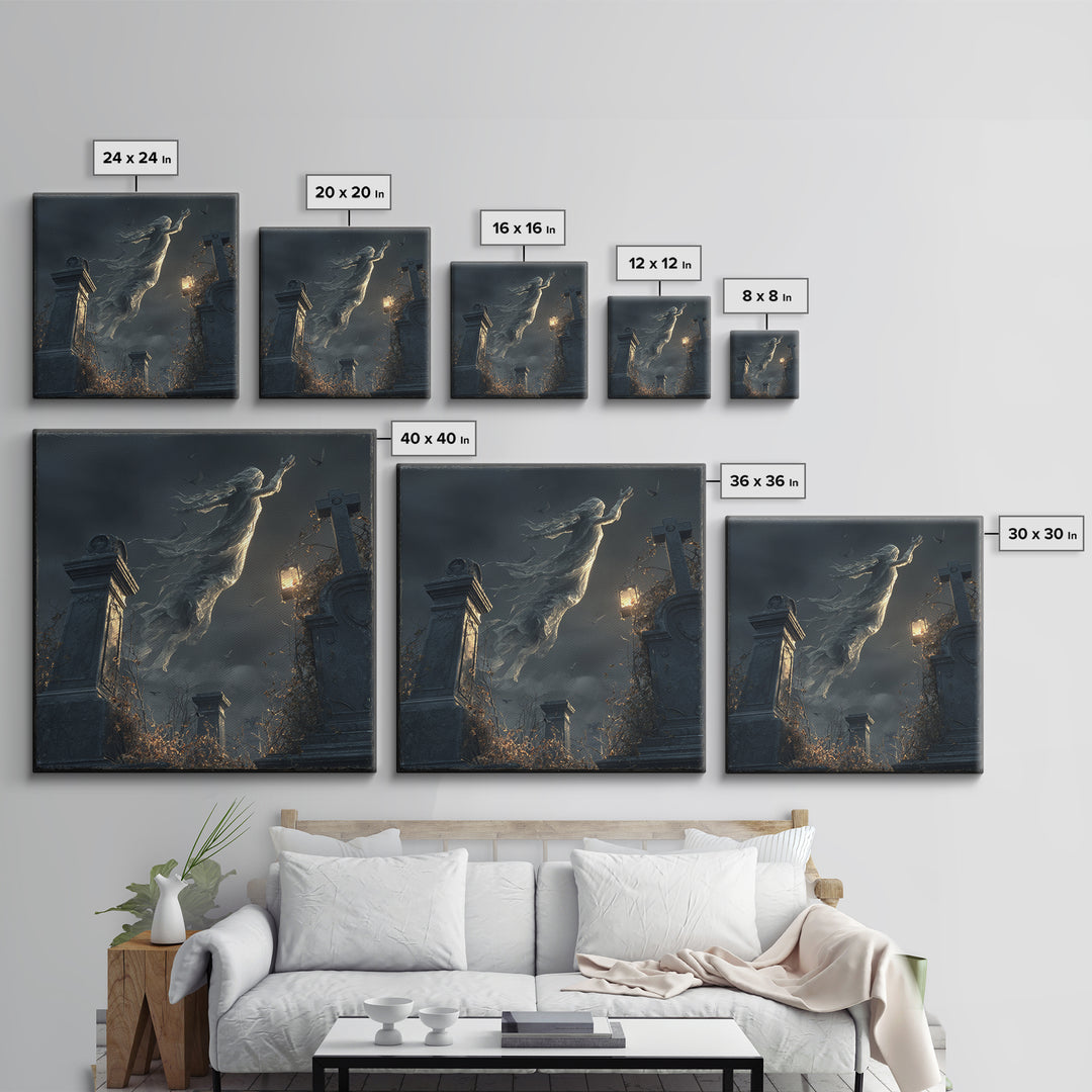 The Graveyard Ghost, Square Wall Art, Haunted Gothic Art, Framed Canvas Print, Halloween Wall Decor, Gothic Home Decor, Spooky Wall Decor