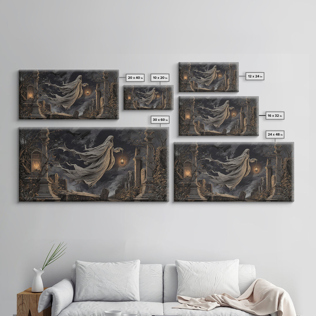 The Graveyard Ghost, Wide Panoramic Art, Gothic Horror Wall Art, Framed Canvas Print, Halloween Wall Decor, Gothic Home Decor