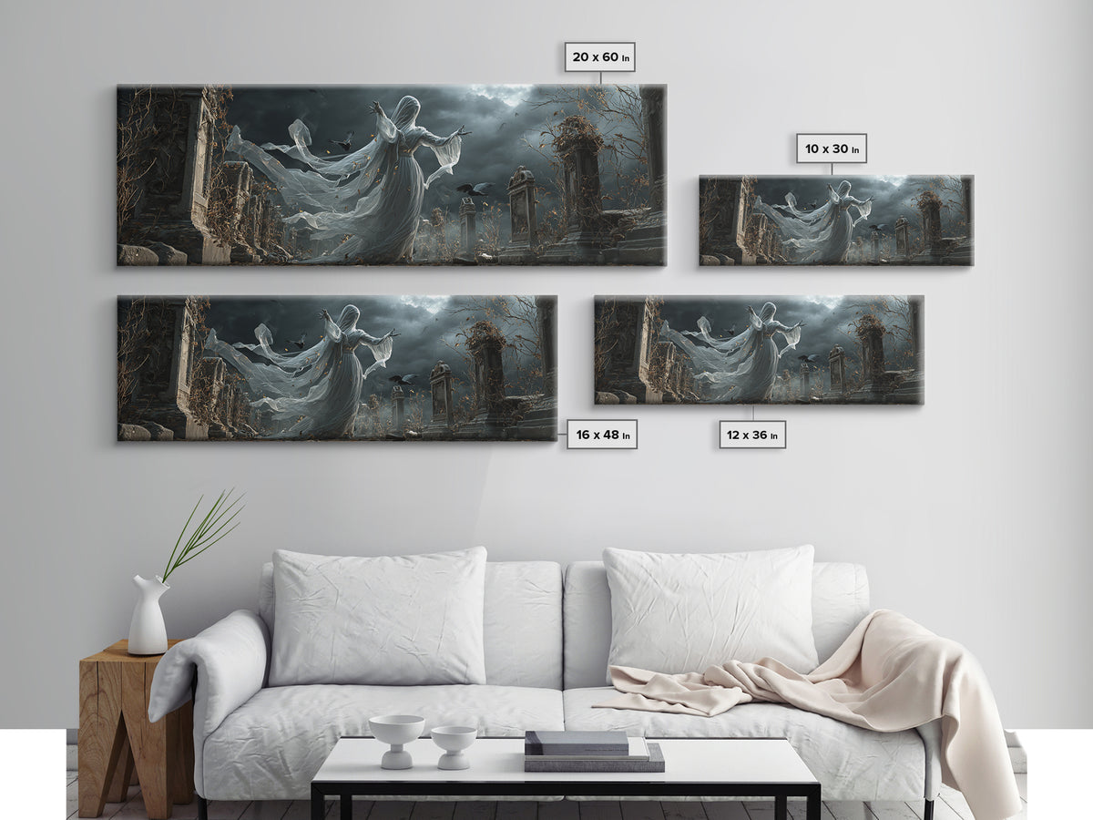 The Graveyard Ghost, Extra Wide Wall Art, Macabre Wall Art, Framed Canvas Print, Halloween Wall Decor, Gothic Home Decor