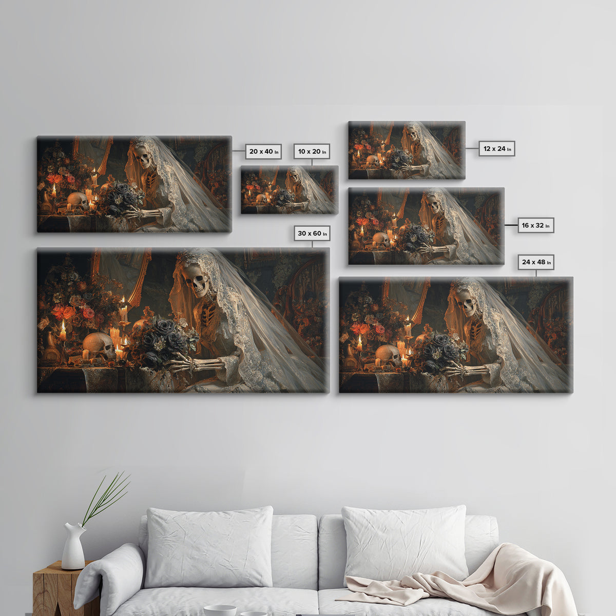 The Skeletal Bride, Wide Panoramic Art, Haunted Gothic Art, Framed Canvas Print, Halloween Wall Decor, Gothic Home Decor, Dark Fantasy Art