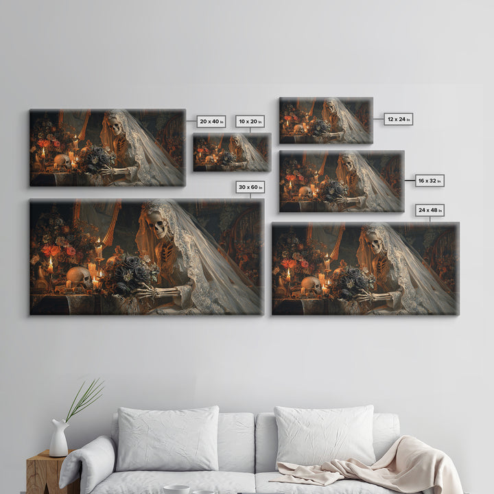 The Skeletal Bride, Wide Panoramic Art, Haunted Gothic Art, Framed Canvas Print, Halloween Wall Decor, Gothic Home Decor, Dark Fantasy Art