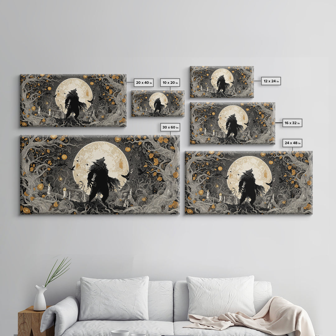 The Moon-Cursed Werewolf, Wide Panoramic Art, Macabre Wall Art, Framed Canvas Print, Halloween Wall Decor, Gothic Home Decor
