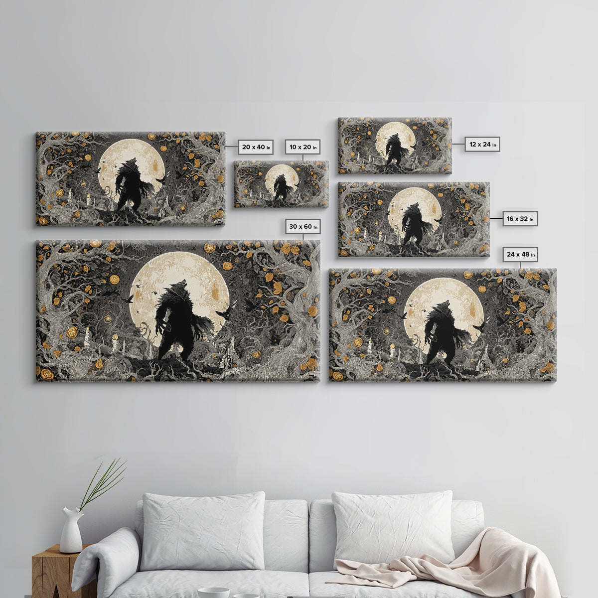 The Moon-Cursed Werewolf, Wide Panoramic Art, Macabre Wall Art, Framed Canvas Print, Halloween Wall Decor, Gothic Home Decor