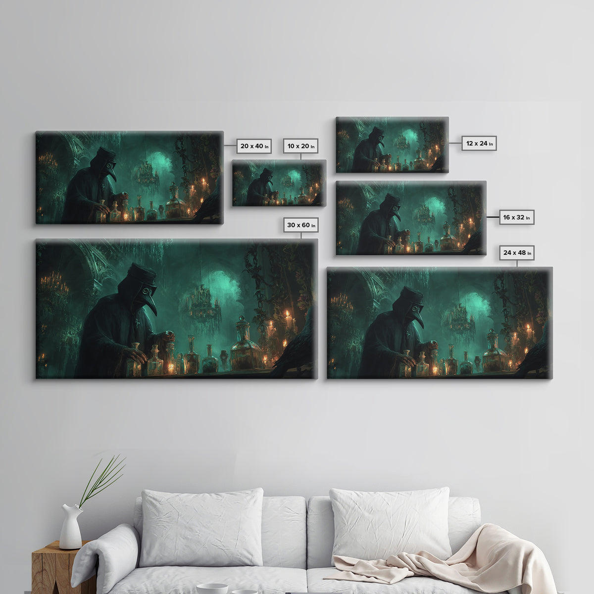 The Plague Doctor, Wide Panoramic Art, Macabre Wall Art, Framed Canvas Print, Halloween Wall Decor, Gothic Home Decor, Halloween Wall Art