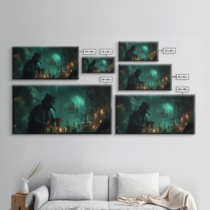 The Plague Doctor, Wide Panoramic Art, Macabre Wall Art, Framed Canvas Print, Halloween Wall Decor, Gothic Home Decor, Halloween Wall Art