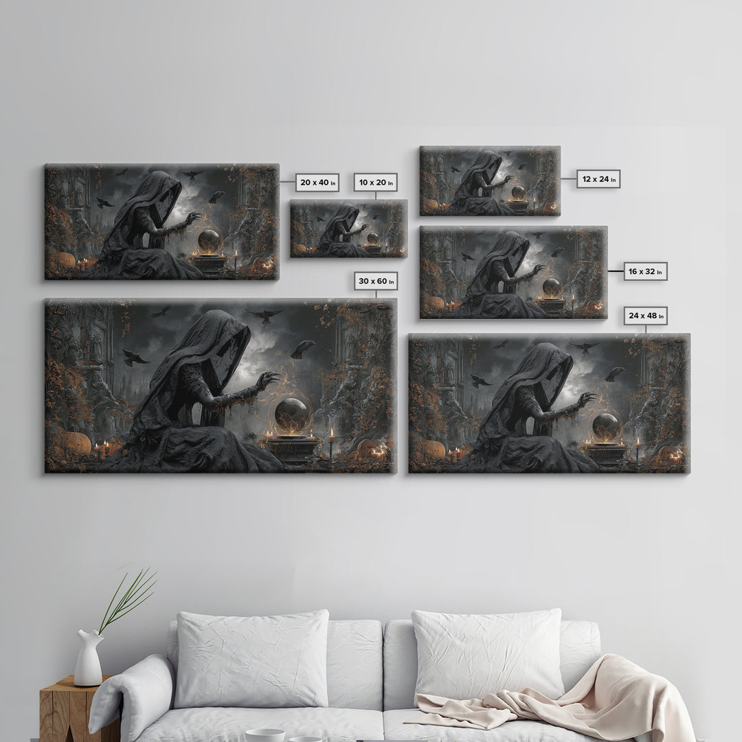 The Midnight Fortune Teller, Wide Panoramic Art, Macabre Wall Art, Framed Canvas Print, Halloween Wall Decor, Gothic Home Decor