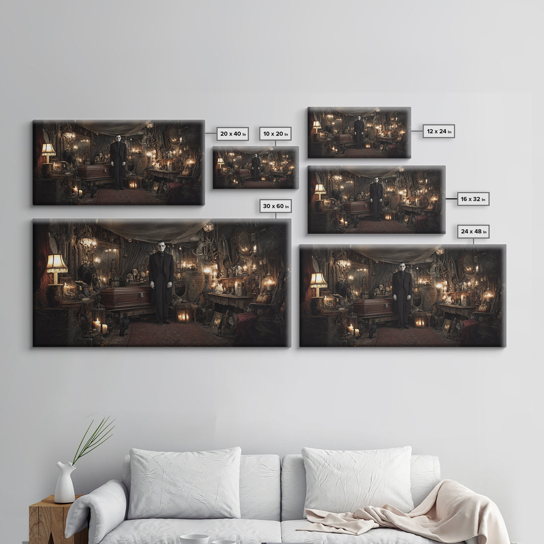 The Sinister Undertaker, Wide Panoramic Art, Dark Fantasy Wall Art, Canvas Print, Halloween Wall Decor, Gothic Home Decor