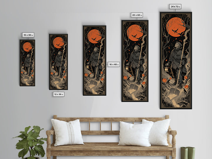 The Lantern Gravedigger, Tall Narrow Wall Art, Macabre Wall Art, Framed Canvas Print, Halloween Wall Decor, Gothic Home Decor