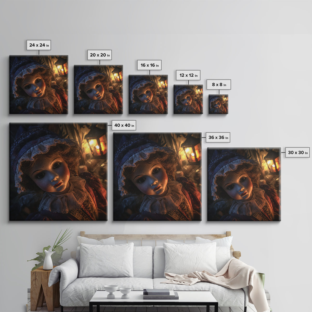 The Haunted Porcelain Doll, Square Wall Art, Gothic Horror Wall Art, Framed Canvas Print, Halloween Wall Decor, Gothic Home Decor