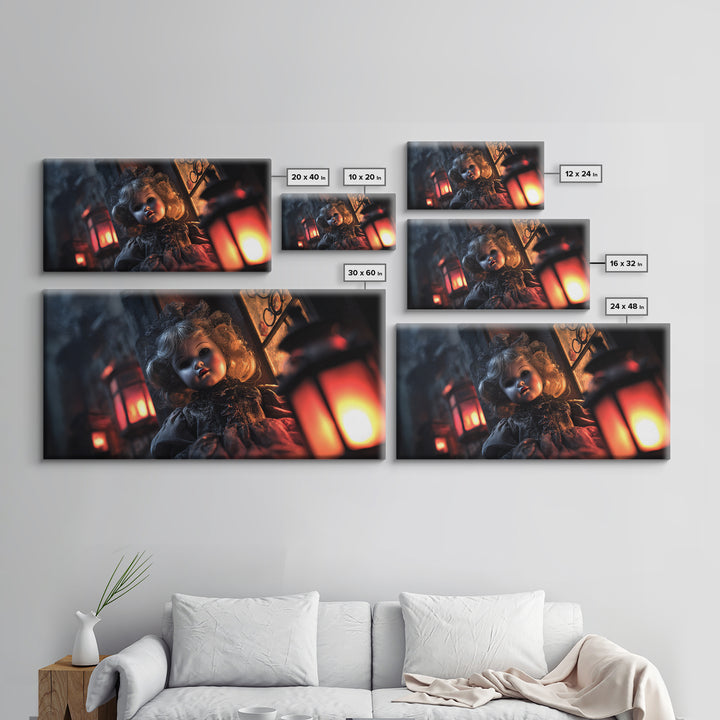 The Haunted Porcelain Doll, Wide Panoramic Art, Spooky Home Decor, Canvas Print, Halloween Wall Decor, Gothic Home Decor, Halloween Wall Art