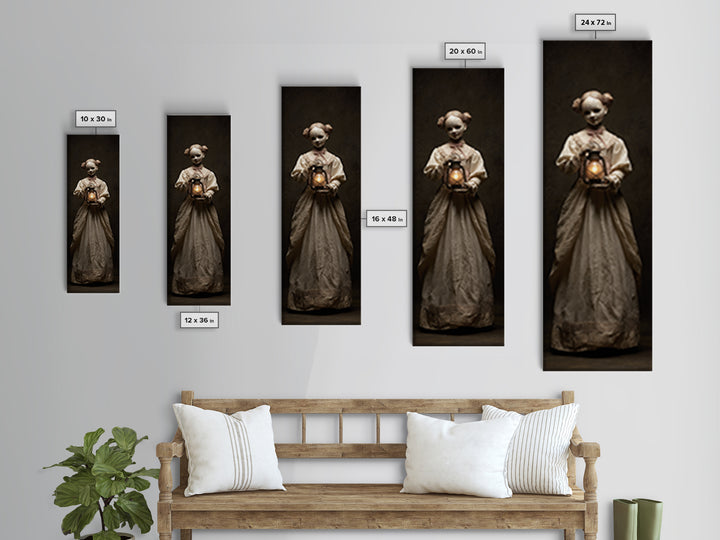 The Haunted Porcelain Doll, Tall Narrow Wall Art, Macabre Wall Art, Framed Canvas Print, Halloween Wall Decor, Gothic Home Decor