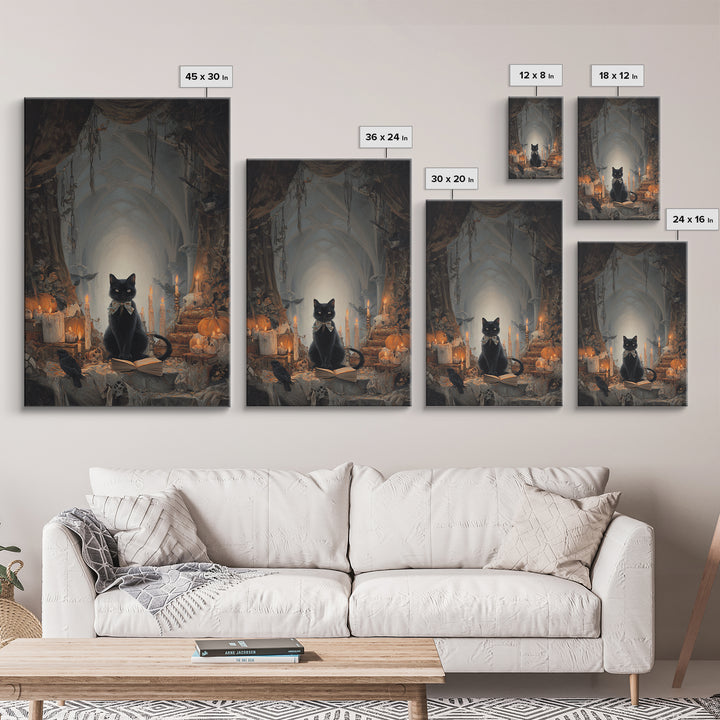 The Black Cat Familiar, Vertical Wall Art, Gothic Horror Wall Art, Framed Canvas Print, Halloween Wall Decor, Gothic Home Decor