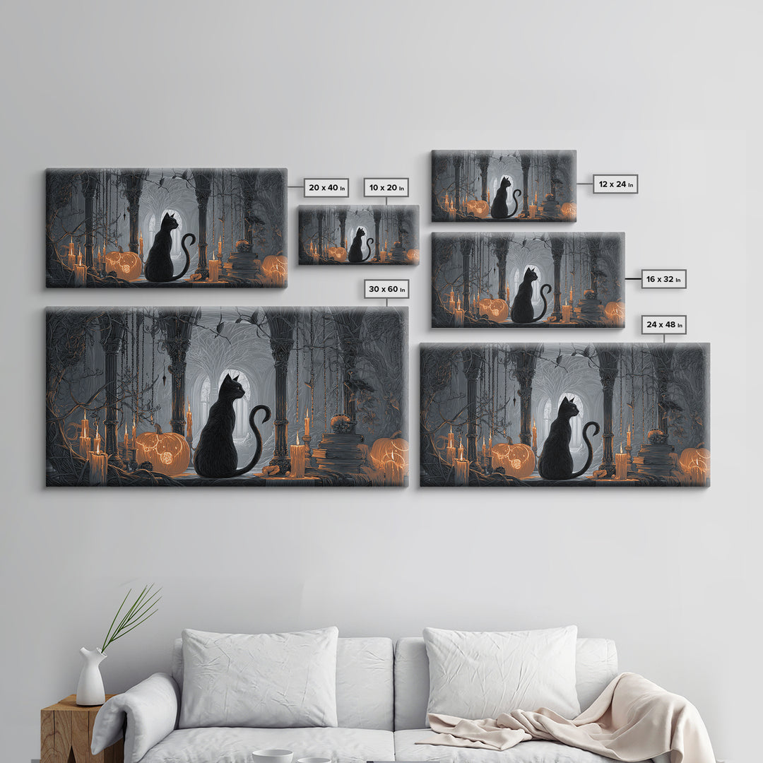 The Black Cat Familiar, Wide Panoramic Art, Haunted Gothic Art, Framed Canvas Print, Halloween Wall Decor, Gothic Home Decor