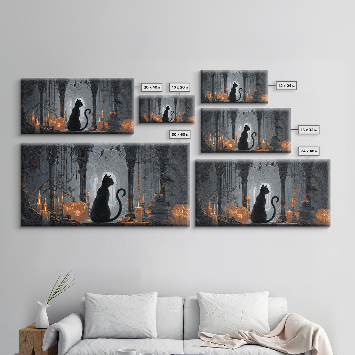 The Black Cat Familiar, Wide Panoramic Art, Haunted Gothic Art, Framed Canvas Print, Halloween Wall Decor, Gothic Home Decor