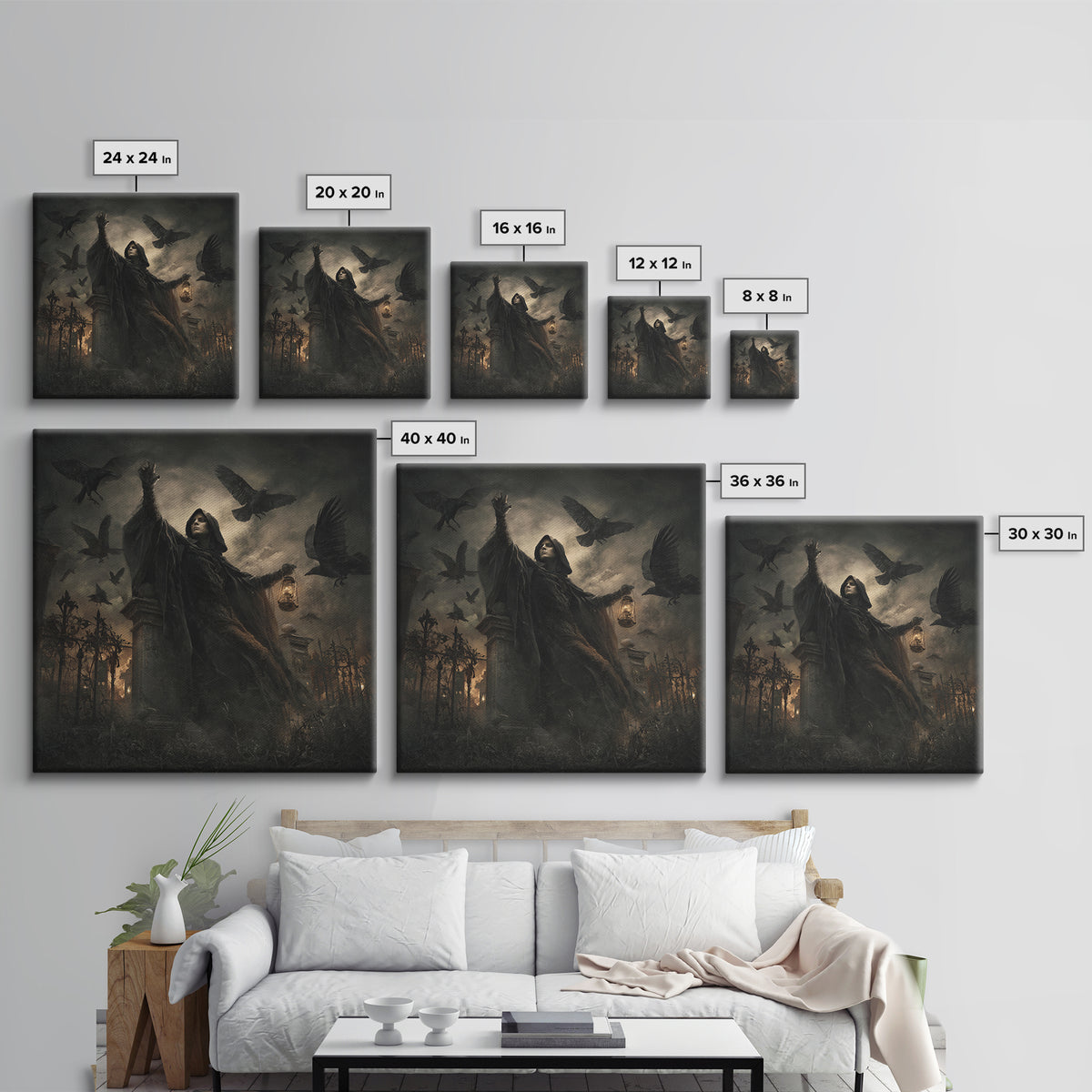 The Raven Keeper, Square Wall Art, Macabre Wall Art, Framed Canvas Print, Halloween Wall Decor, Gothic Home Decor, Halloween Wall Art