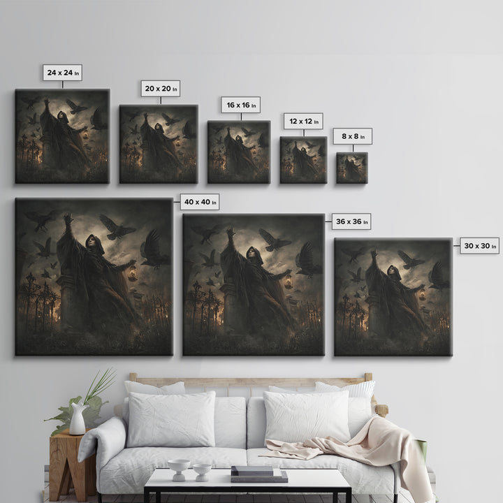 The Raven Keeper, Square Wall Art, Macabre Wall Art, Framed Canvas Print, Halloween Wall Decor, Gothic Home Decor, Halloween Wall Art