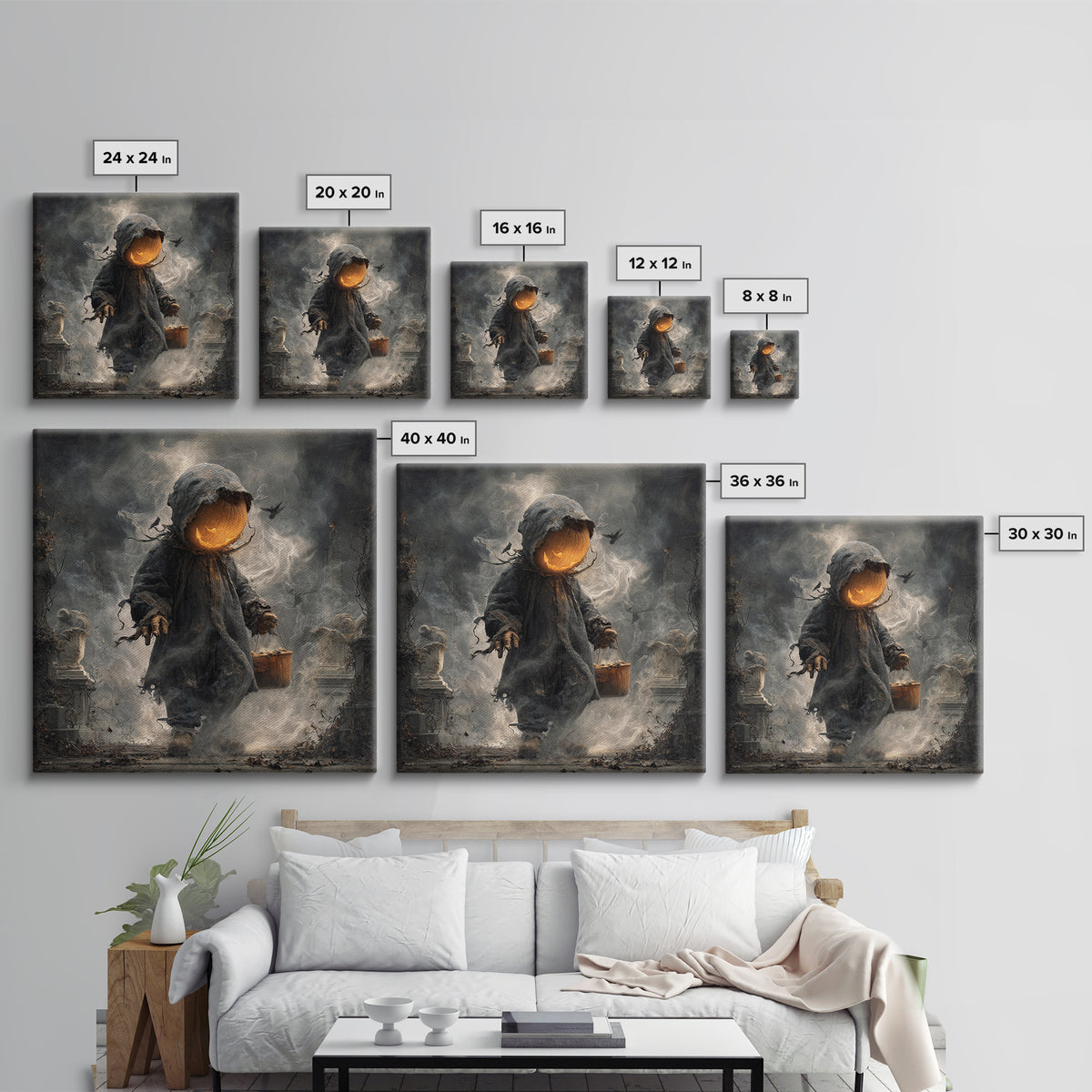 The Pumpkin-Headed Child, Square Wall Art, Haunted Gothic Art, Framed Canvas Print, Halloween Wall Decor, Gothic Home Decor