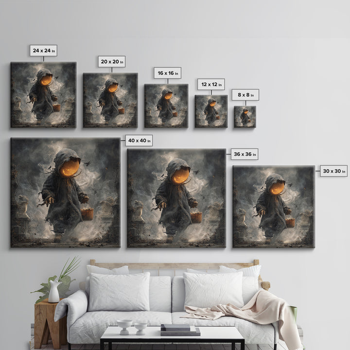 The Pumpkin-Headed Child, Square Wall Art, Haunted Gothic Art, Framed Canvas Print, Halloween Wall Decor, Gothic Home Decor
