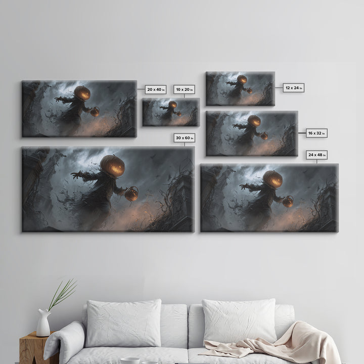 The Pumpkin-Headed Child, Wide Panoramic Art, Gothic Horror Wall Art, Framed Canvas Print, Halloween Wall Decor, Gothic Home Decor