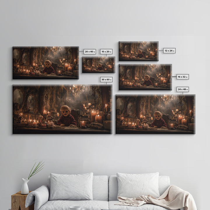 The Masked Candy Collector, Wide Panoramic Art, Dark Fantasy Wall Art, Canvas Print, Halloween Wall Decor, Gothic Home Decor