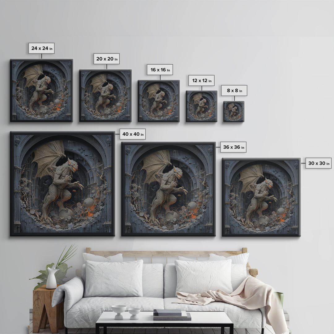 The Gargoyle Sentinel, Square Wall Art, Haunted Gothic Art, Framed Canvas Print, Halloween Wall Decor, Gothic Home Decor, Statement Wall Art