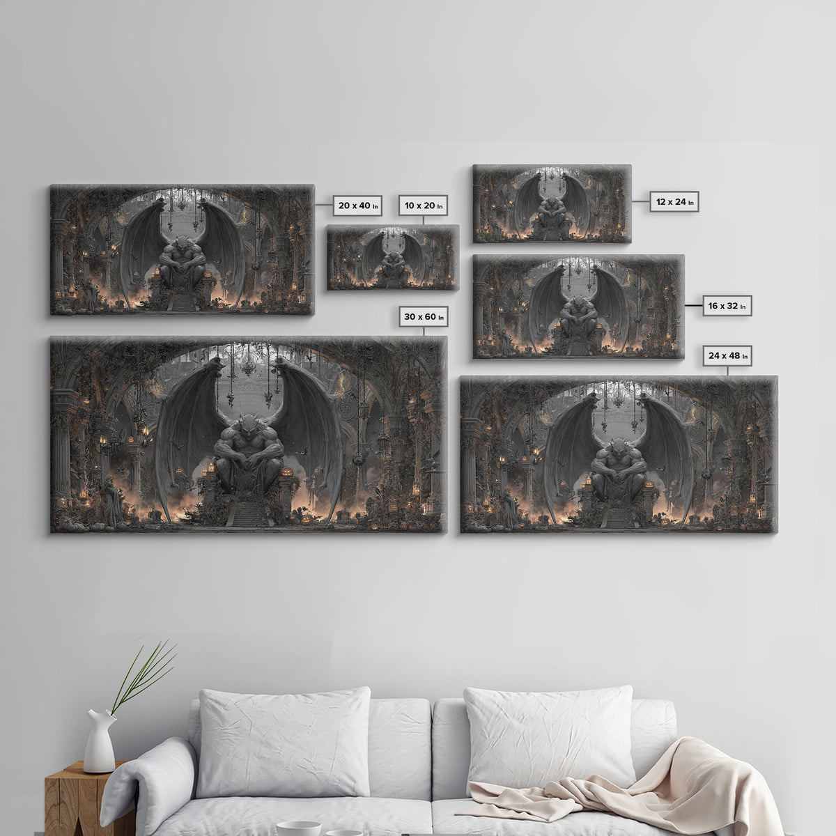 The Gargoyle Sentinel, Wide Panoramic Art, Gothic Horror Wall Art, Framed Canvas Print, Halloween Wall Decor, Gothic Home Decor