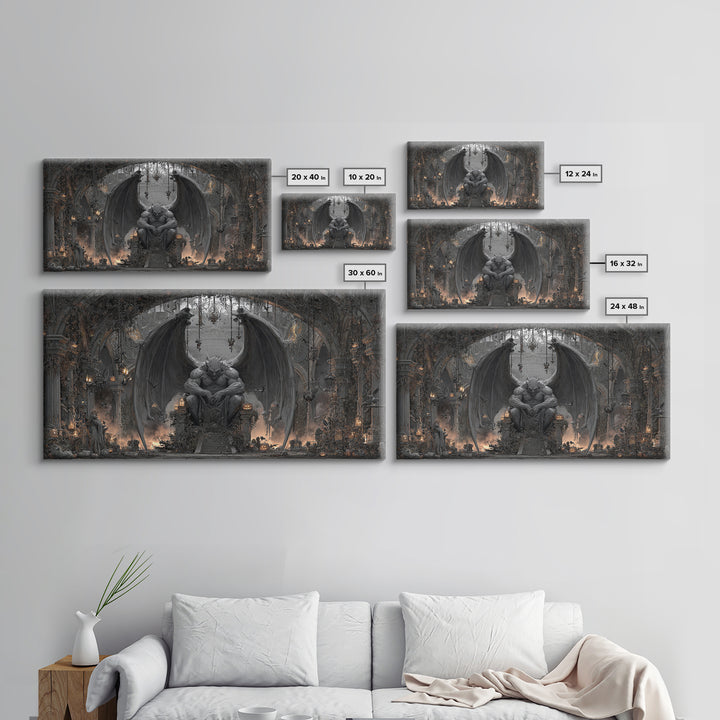 The Gargoyle Sentinel, Wide Panoramic Art, Gothic Horror Wall Art, Framed Canvas Print, Halloween Wall Decor, Gothic Home Decor