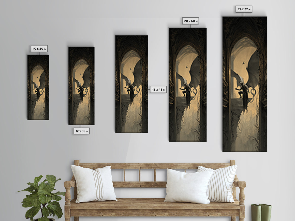 The Gargoyle Sentinel, Tall Narrow Wall Art, Dark Halloween Decor, Canvas Print, Halloween Wall Decor, Gothic Home Decor, Dark Fantasy Art