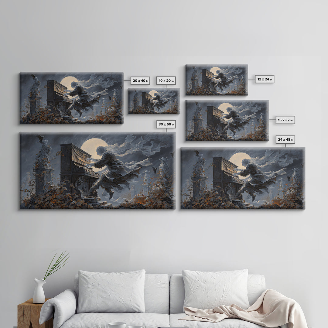 The Phantom Organist, Wide Panoramic Art, Haunted Gothic Art, Framed Canvas Print, Halloween Wall Decor, Gothic Home Decor