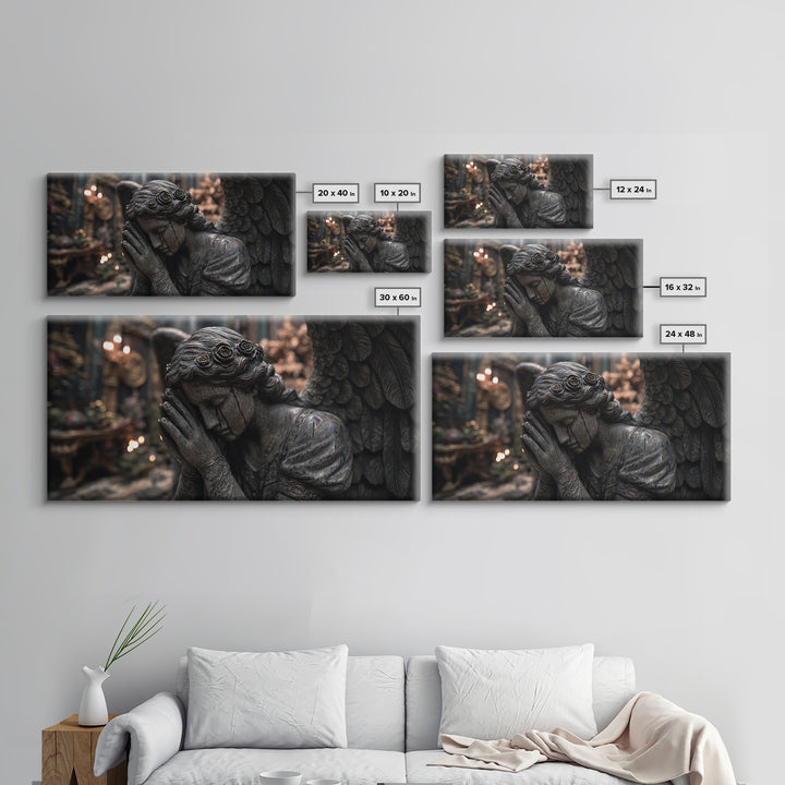 The Weeping Cemetery Angel, Wide Panoramic Art, Dark Fantasy Wall Art, Canvas Print, Halloween Wall Decor, Gothic Home Decor