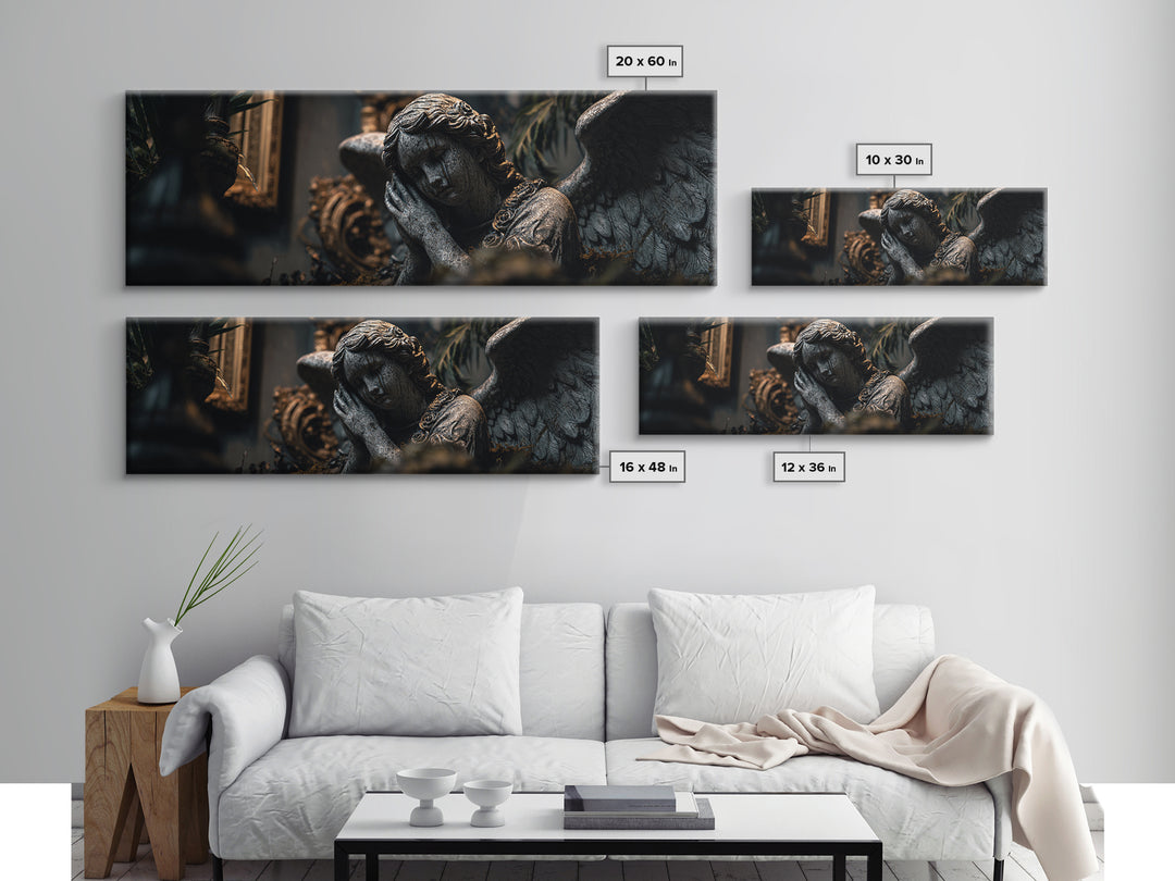 The Weeping Cemetery Angel, Extra Wide Wall Art, Macabre Wall Art, Framed Canvas Print, Halloween Wall Decor, Gothic Home Decor
