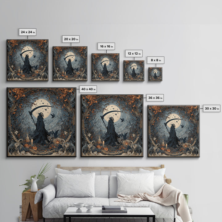 The Fog-Bound Reaper, Square Wall Art, Macabre Wall Art, Framed Canvas Print, Halloween Wall Decor, Gothic Home Decor, Horror Wall Art