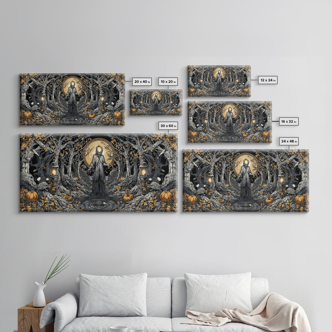 The Lantern Specter, Wide Panoramic Art, Gothic Horror Wall Art, Framed Canvas Print, Halloween Wall Decor, Gothic Home Decor