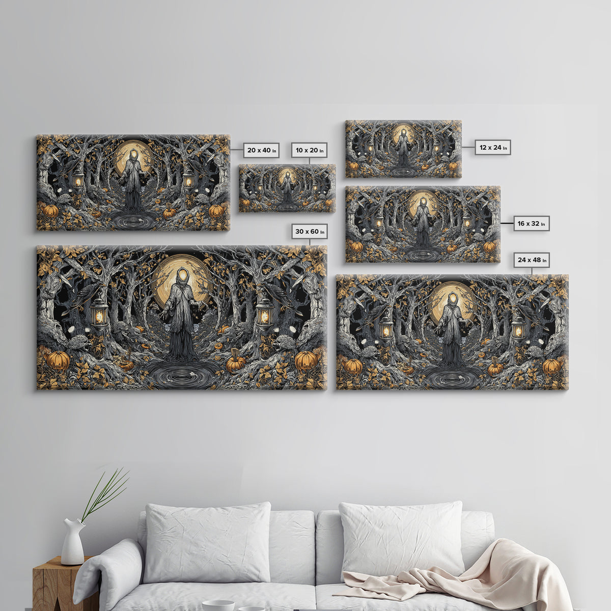 The Lantern Specter, Wide Panoramic Art, Gothic Horror Wall Art, Framed Canvas Print, Halloween Wall Decor, Gothic Home Decor