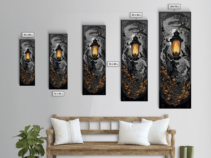 The Lantern Specter, Tall Narrow Wall Art, Haunted Gothic Art, Framed Canvas Print, Halloween Wall Decor, Gothic Home Decor