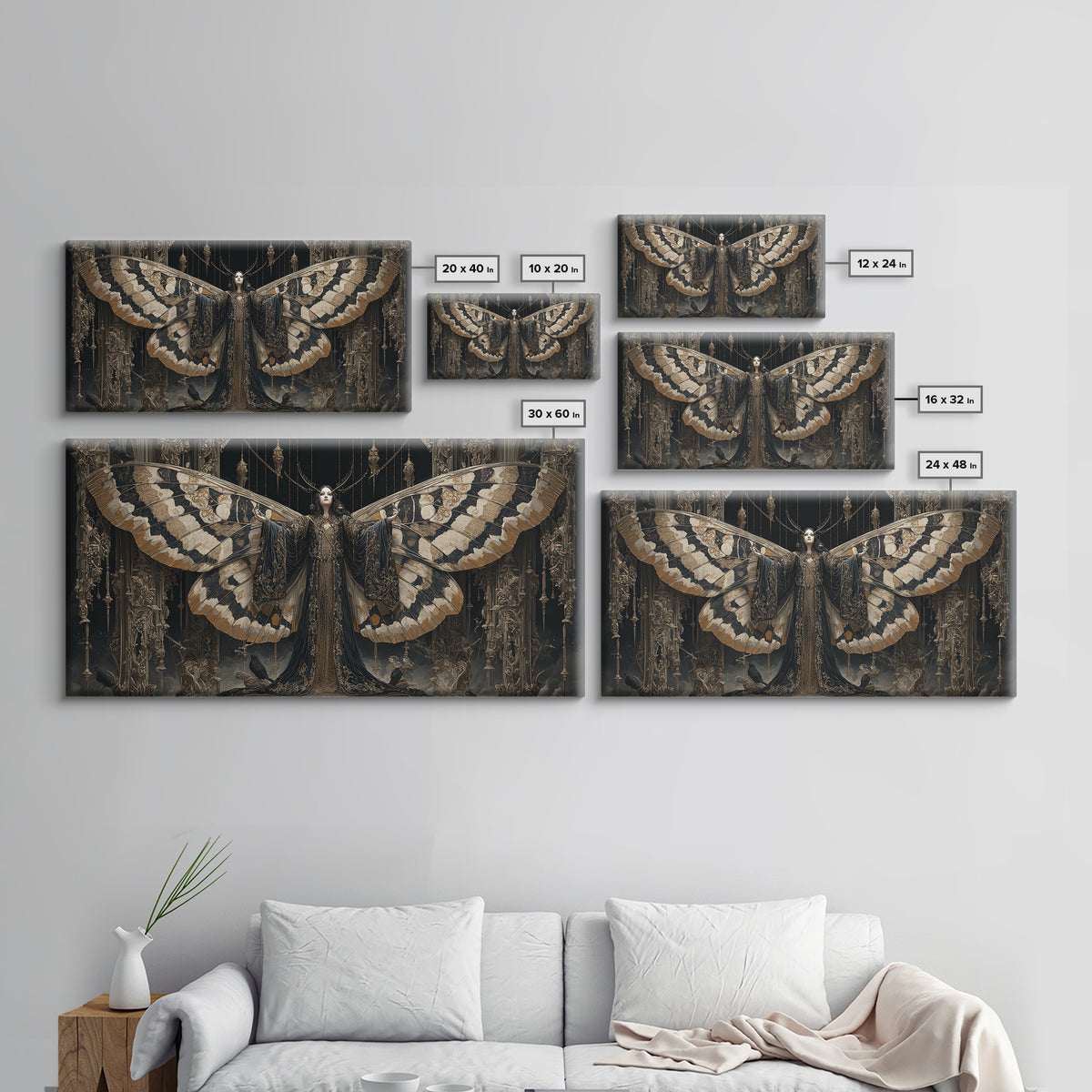 The Velvet Moth Witch, Wide Panoramic Art, Dark Halloween Decor, Canvas Print, Halloween Wall Decor, Gothic Home Decor, Halloween Wall Art