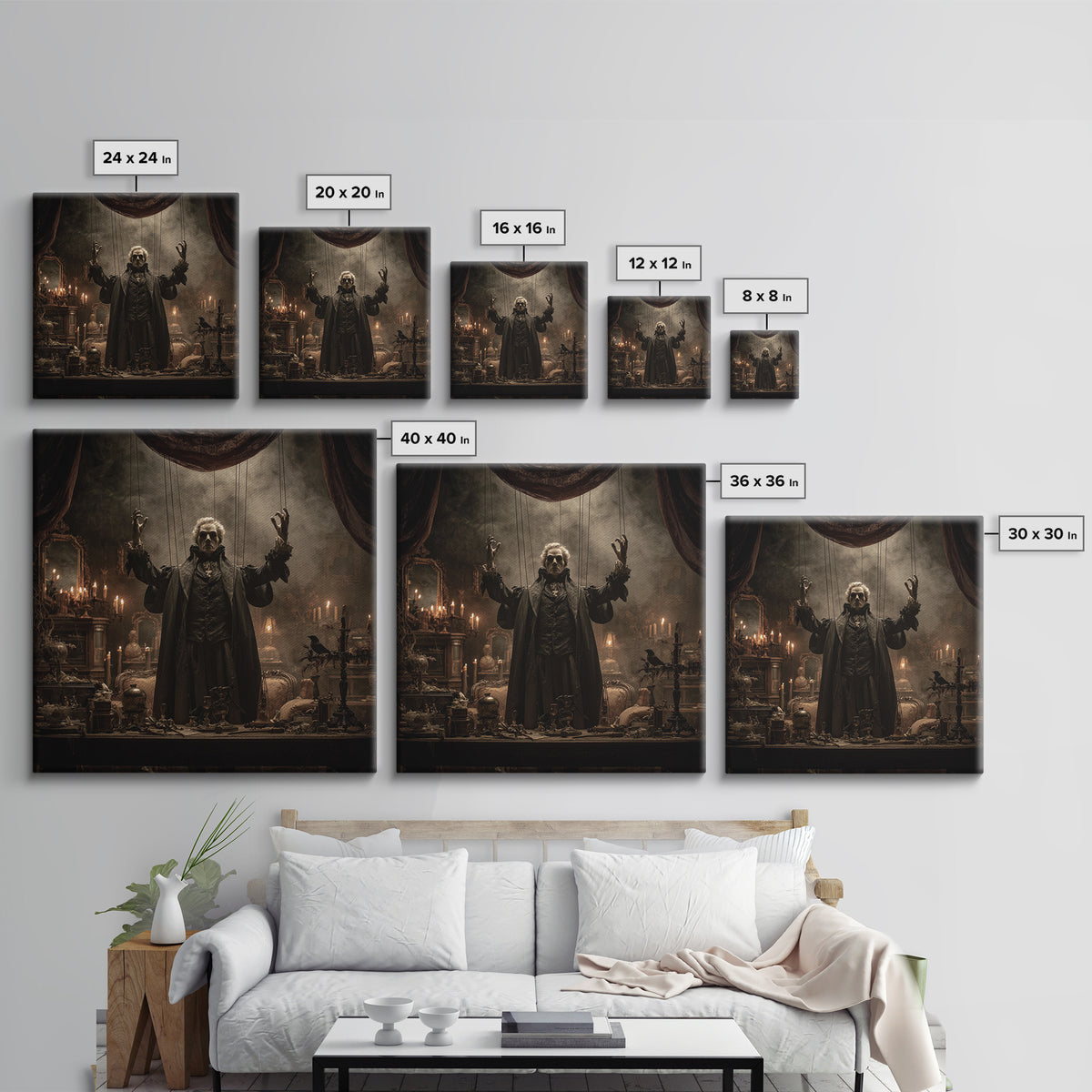 The Marionette Master, Square Wall Art, Macabre Wall Art, Framed Canvas Print, Halloween Wall Decor, Gothic Home Decor, Seasonal Home Decor