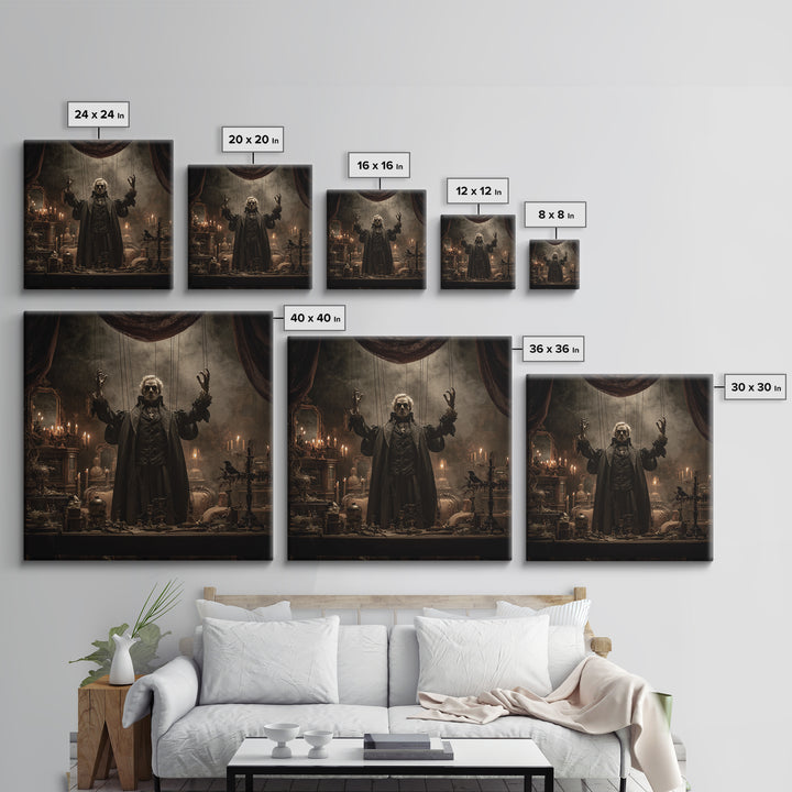 The Marionette Master, Square Wall Art, Macabre Wall Art, Framed Canvas Print, Halloween Wall Decor, Gothic Home Decor, Seasonal Home Decor