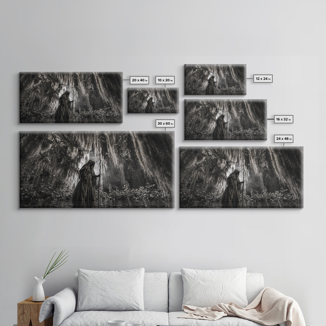The Swamp Witch, Wide Panoramic Art, Gothic Horror Wall Art, Framed Canvas Print, Halloween Wall Decor, Gothic Home Decor