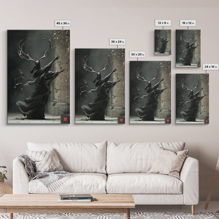 The Antlered Forest Spirit, Vertical Wall Art, Macabre Wall Art, Framed Canvas Print, Halloween Wall Decor, Gothic Home Decor