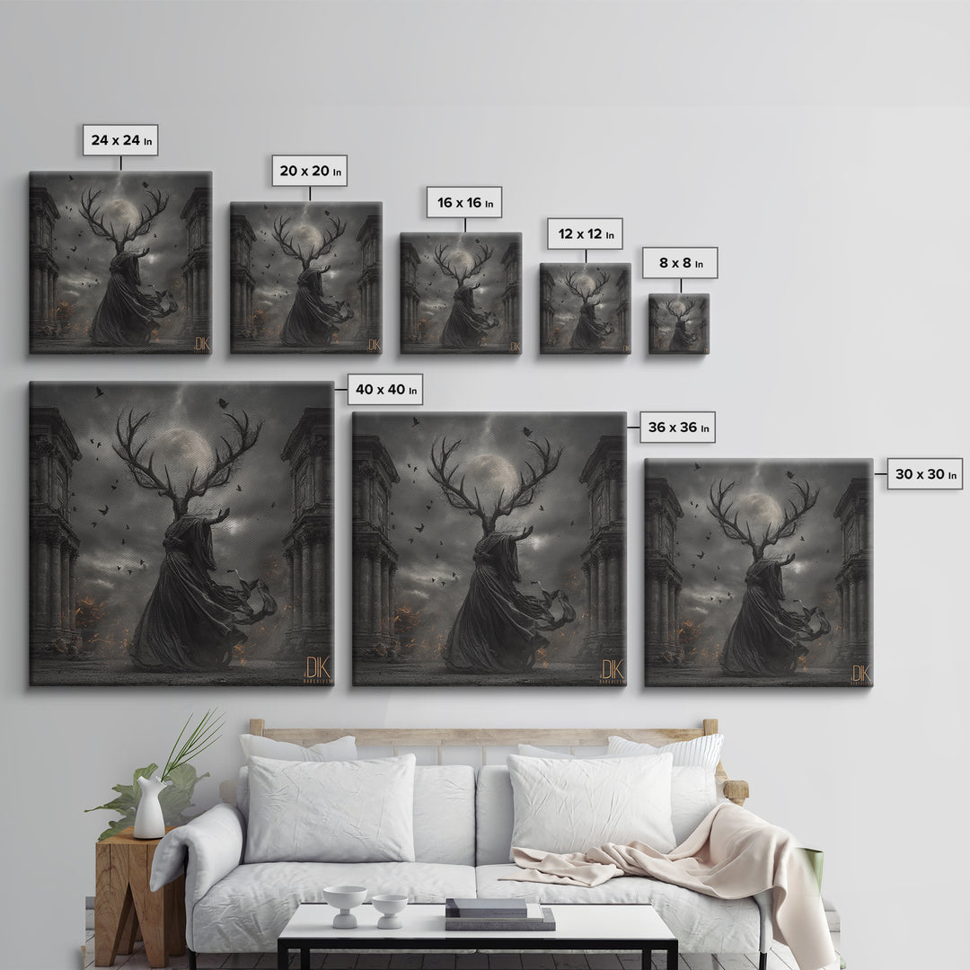 The Antlered Forest Spirit, Square Wall Art, Haunted Gothic Art, Framed Canvas Print, Halloween Wall Decor, Gothic Home Decor