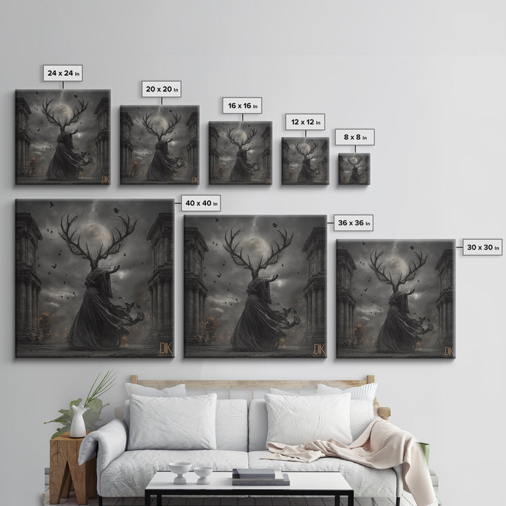 The Antlered Forest Spirit, Square Wall Art, Haunted Gothic Art, Framed Canvas Print, Halloween Wall Decor, Gothic Home Decor