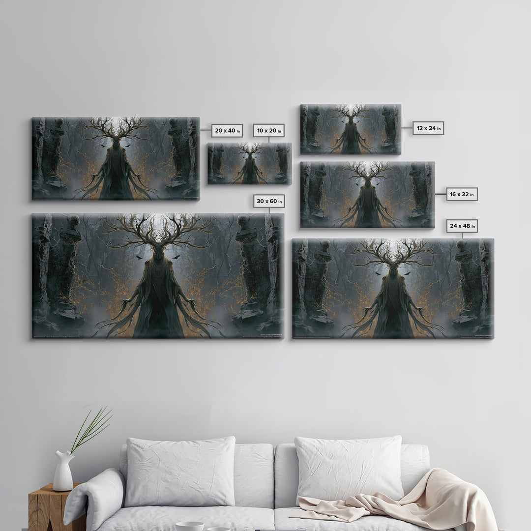 The Antlered Forest Spirit, Wide Panoramic Art, Gothic Horror Wall Art, Framed Canvas Print, Halloween Wall Decor, Gothic Home Decor