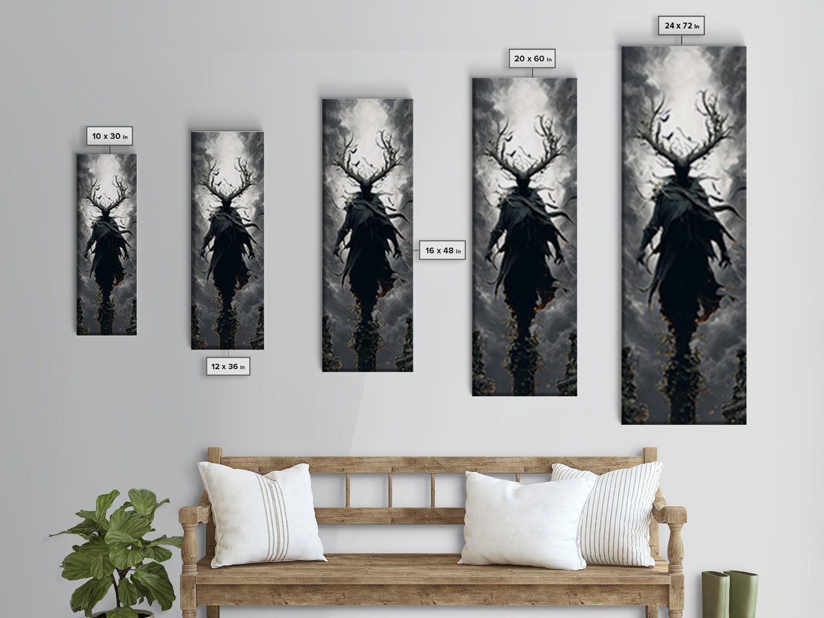 The Antlered Forest Spirit, Tall Narrow Wall Art, Macabre Wall Art, Framed Canvas Print, Halloween Wall Decor, Gothic Home Decor