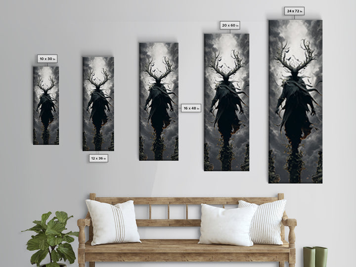 The Antlered Forest Spirit, Tall Narrow Wall Art, Macabre Wall Art, Framed Canvas Print, Halloween Wall Decor, Gothic Home Decor